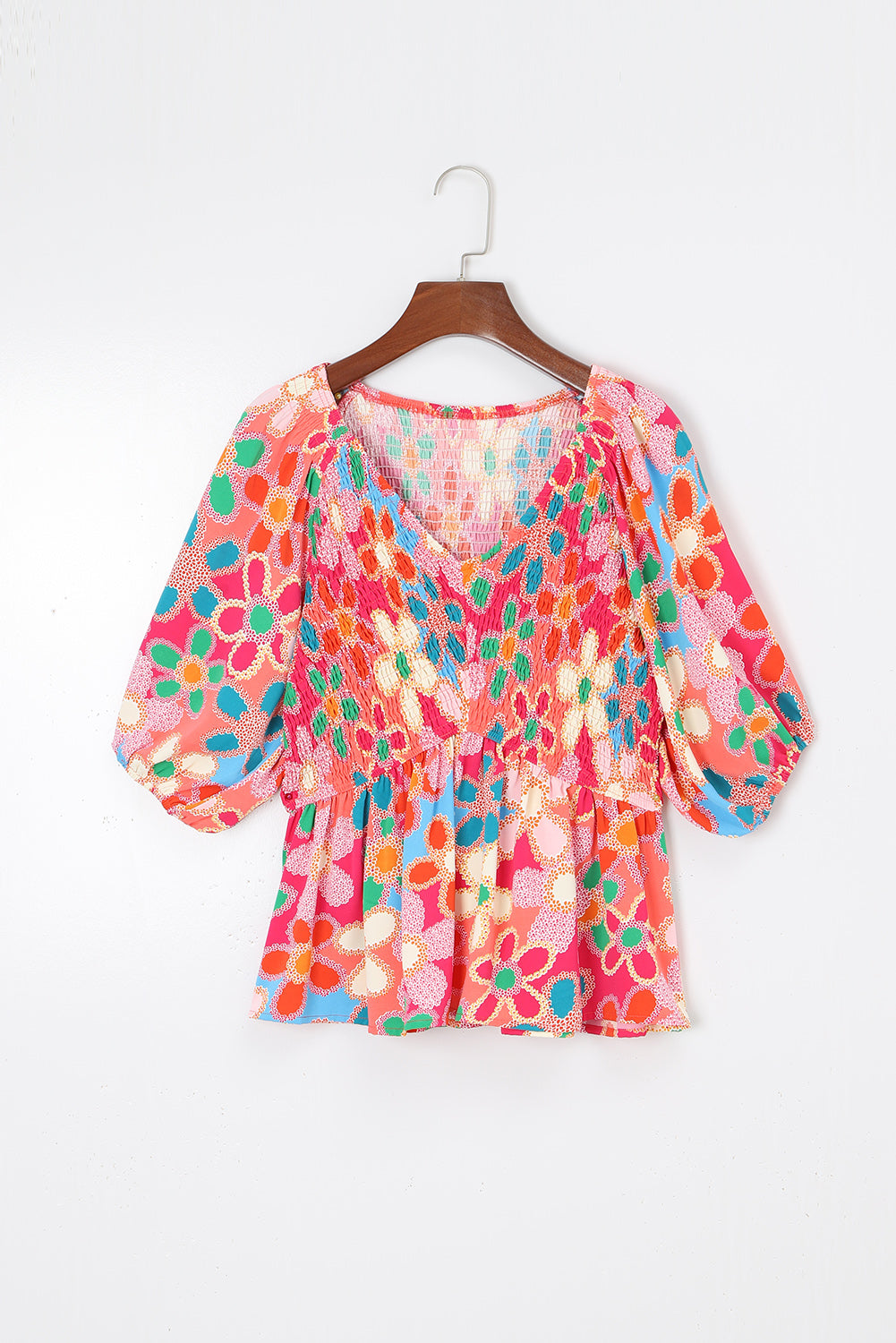 Pink Boho Flower Print Puff Sleeve Peplum Top