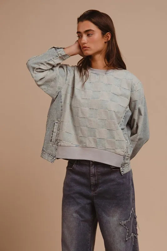 BiBi Mineral Washed Checkered Round Neck Denim Top Carauana Store