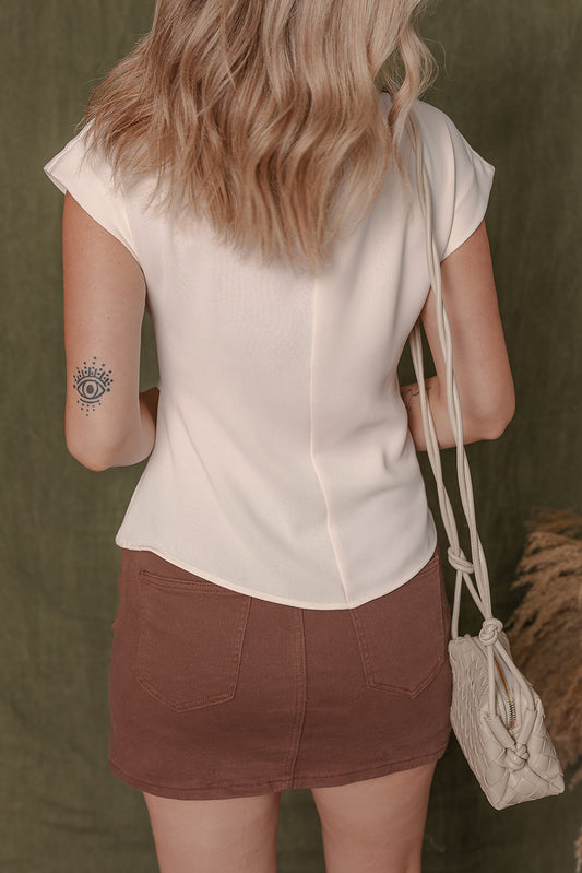 White Surplice V Neck Knotted Ruched Short Sleeve Peplum Blouse