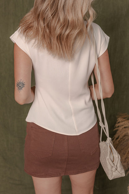 White Surplice V Neck Knotted Ruched Short Sleeve Peplum Blouse