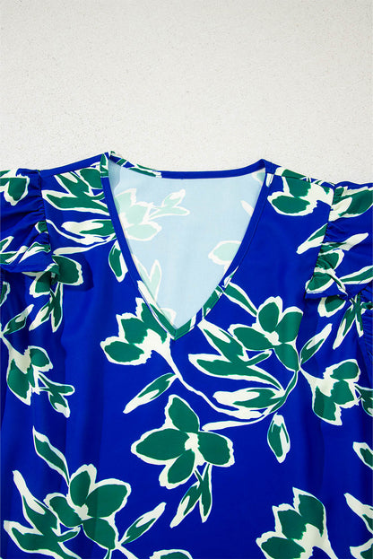 Blue V Neck Floral Print Double Ruffled Short Sleeve Blouse