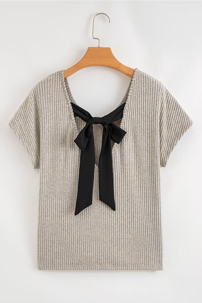 Gray Morn Ribbed Short Sleeve V Neck Colorblock Bow Back Top