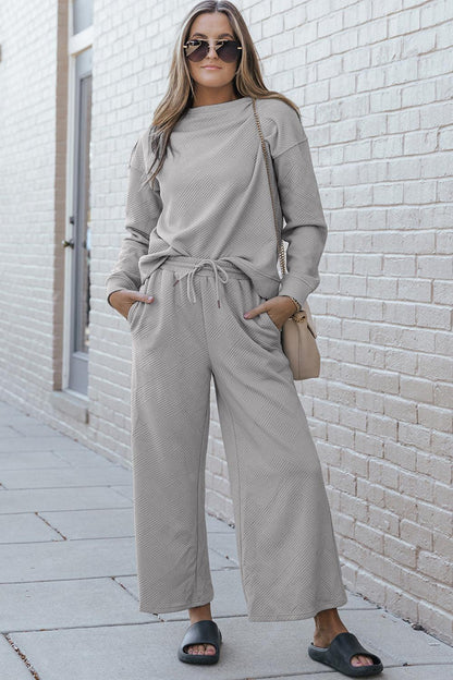 Double Take Full Size Textured Long Sleeve Top and Drawstring Pants Set Carauana Store