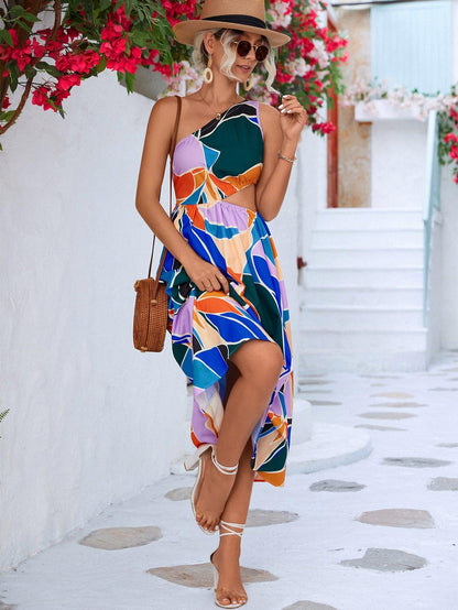 Printed Cutout One-Shoulder Sleeveless Dress Carauana Store