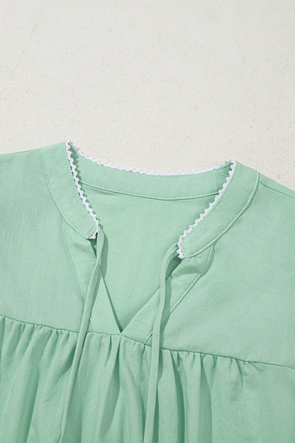 Clearly Aqua Floral Embroidered Puff Sleeve Split Neck Blouse