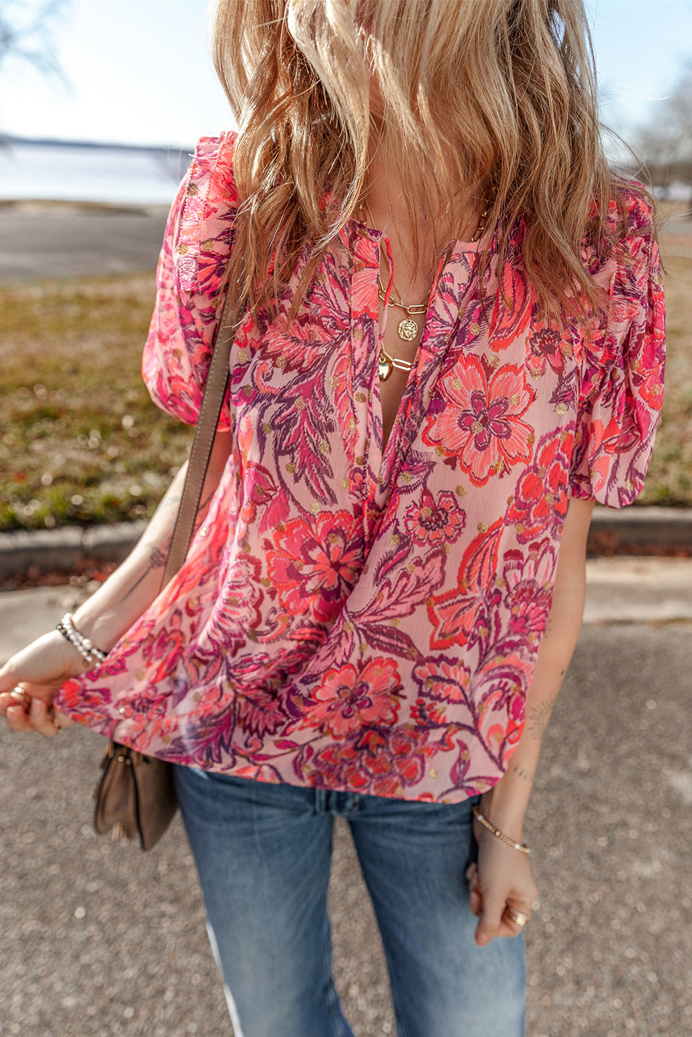 Red Floral Print Ruffled Puff Short Sleeve Blouse