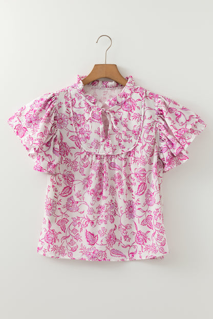 Pink Baroque Floral Ruffle Sleeve V Neck Blouse Top