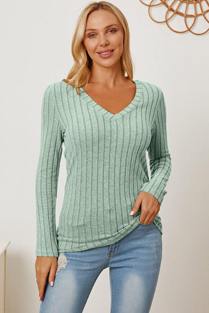 Basic Bae Full Size Ribbed V-Neck Long Sleeve T-Shirt Carauana Store