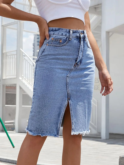Raw Hem Slit Denim Skirt Carauana Store