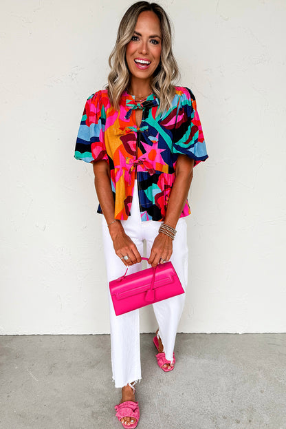 Red Abstract Floral Print Front Tied Puff Sleeve Babydoll Blouse