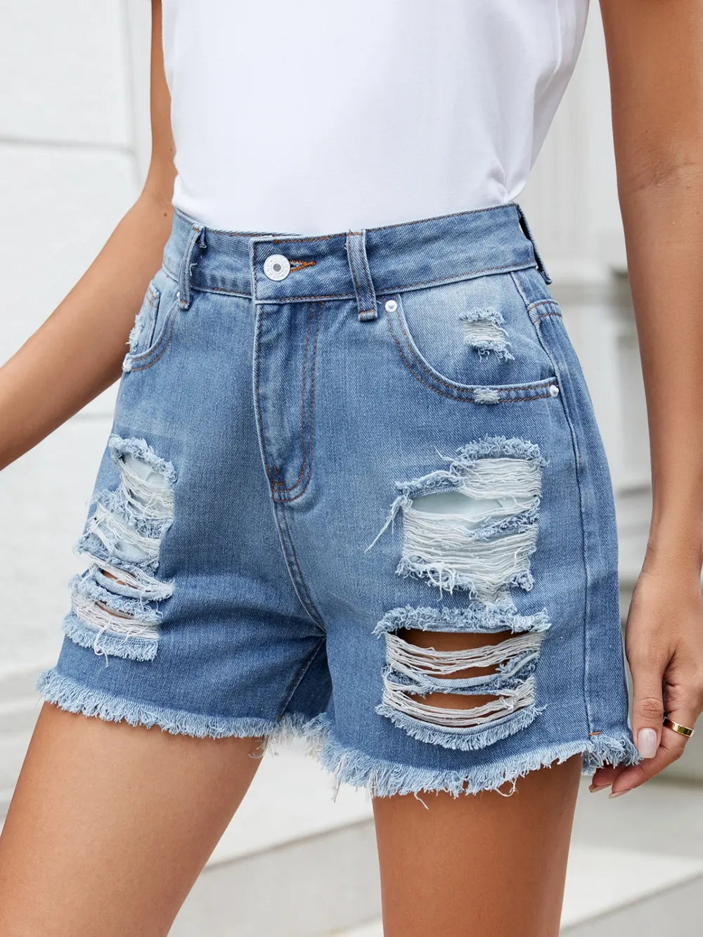 Distressed Raw Hem Denim Shorts Carauana Store