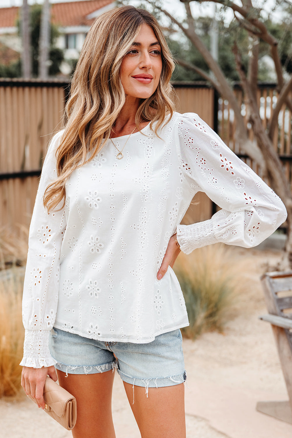 White Eyelet Embroidered Smocked Cuff Sheer Blouse