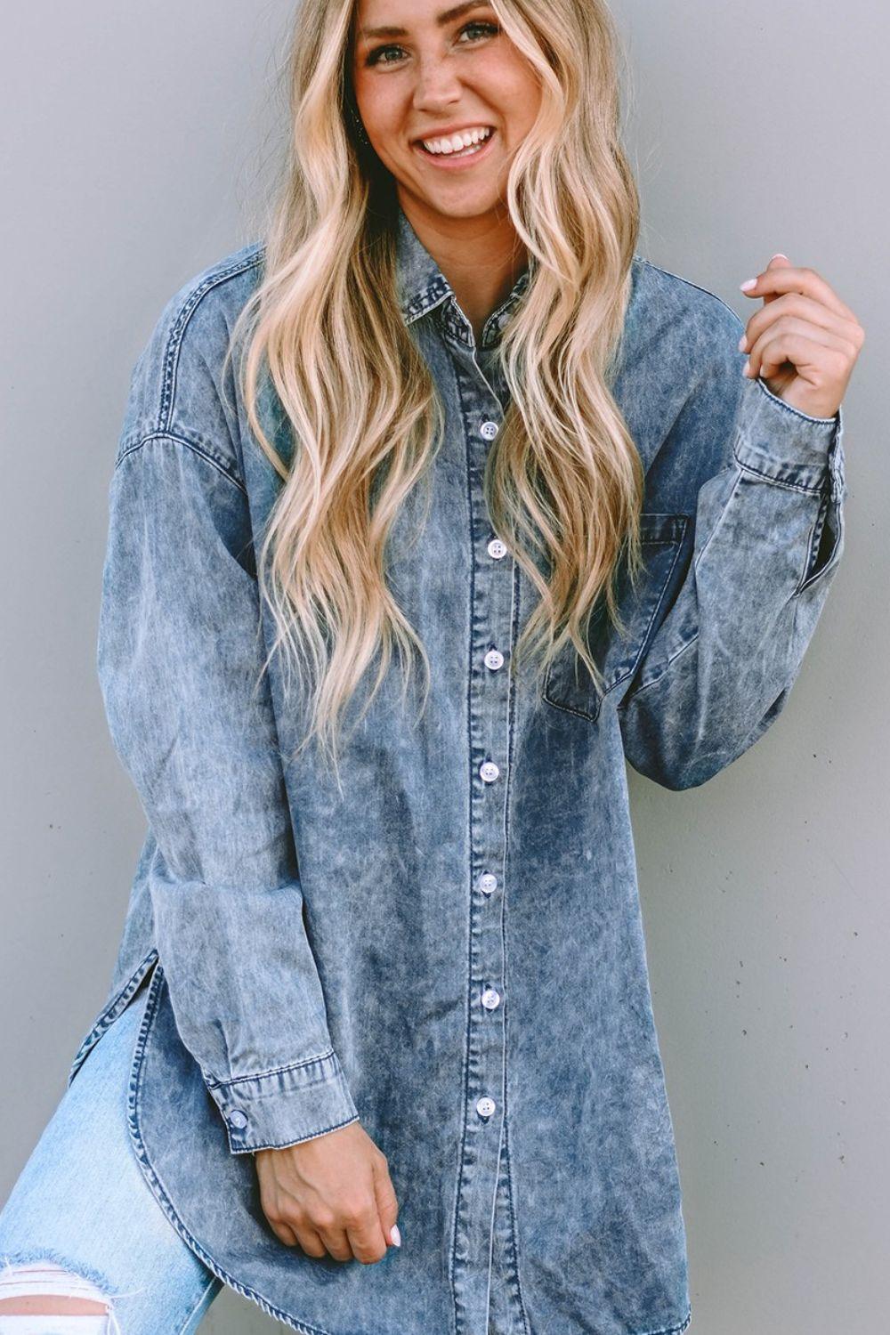 Button Up Dropped Shoulder Denim Top Carauana Store