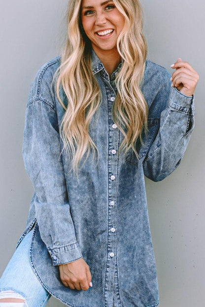 Button Up Dropped Shoulder Denim Top Carauana Store