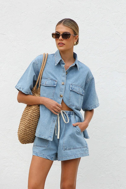 Collared Neck Button Up Top and Shorts Denim Set Carauana Store