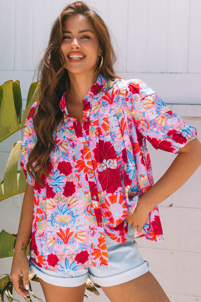 Pink Floral Print Bubble Sleeve Button Up Pleated Shirt