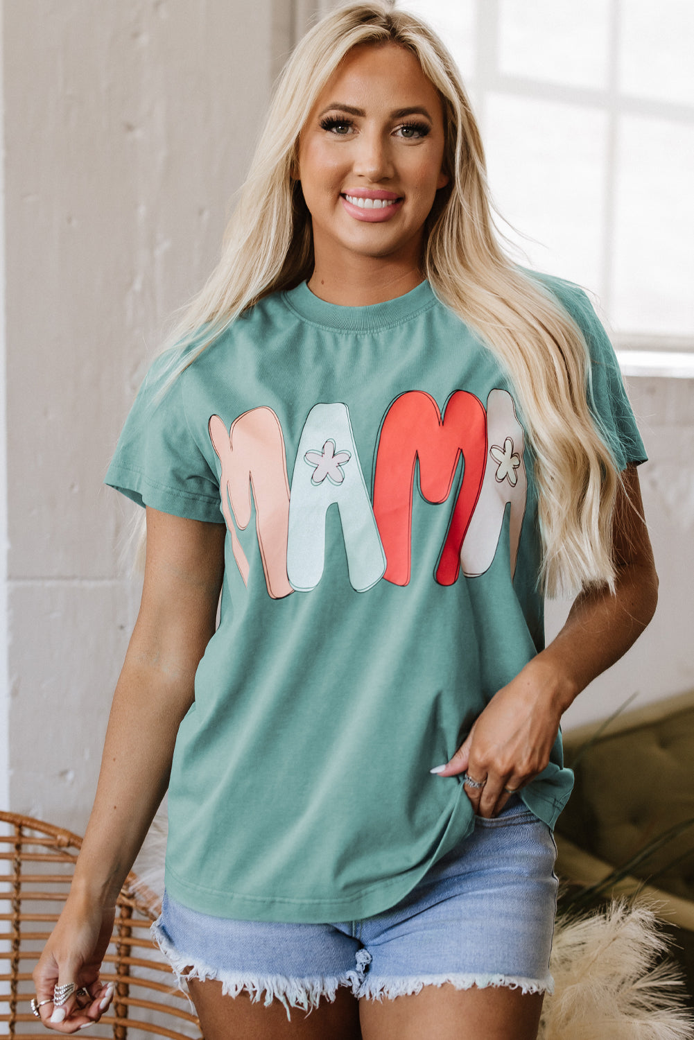Sea Green MAMA Printed Mineral Wash Crewneck T Shirt
