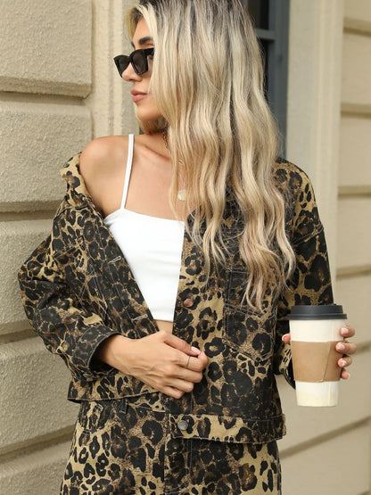 Pocketed Leopard Long Sleeve Denim Jacket Carauana Store