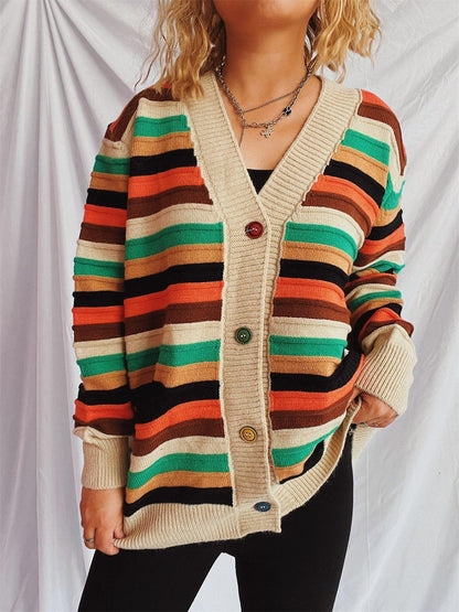Contrast Stripes Button Up Long Sleeve Cardigan Carauana Store