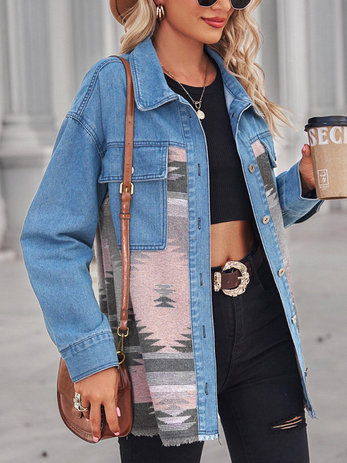 Geometric Raw Hem Button Up Denim Jacket Carauana Store