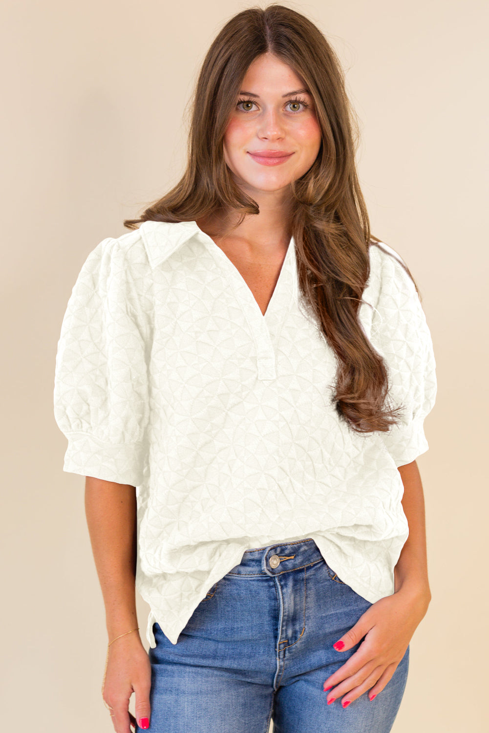 White Textured Puff Half Sleeve Collared V Neck Top