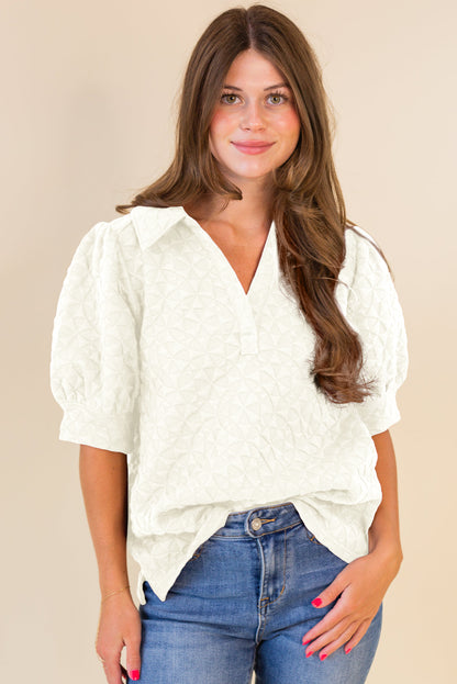 White Textured Puff Half Sleeve Collared V Neck Top