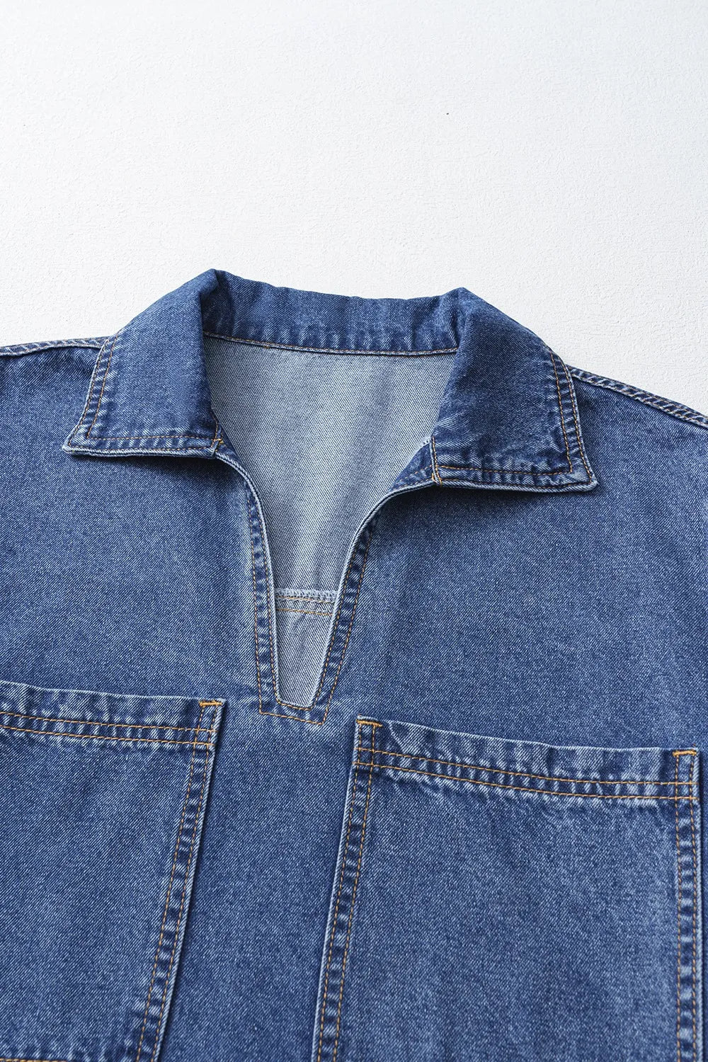 Short Sleeve Collared Patched Pocket Denim Mini Dress Carauana Store