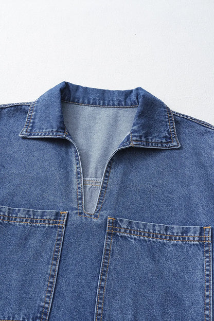 Short Sleeve Collared Patched Pocket Denim Mini Dress Carauana Store
