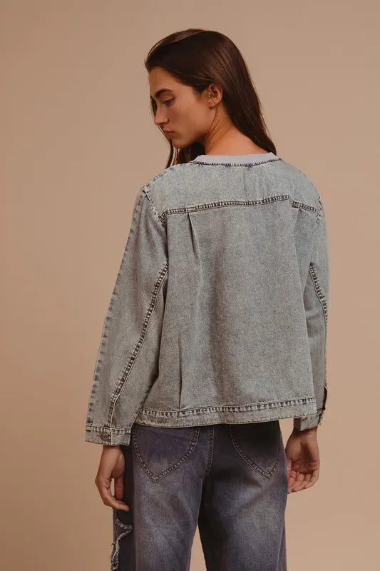 BiBi Mineral Washed Checkered Round Neck Denim Top Carauana Store