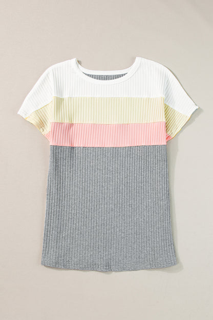 Gray Ribbed Color Block Patchwork T-shirt