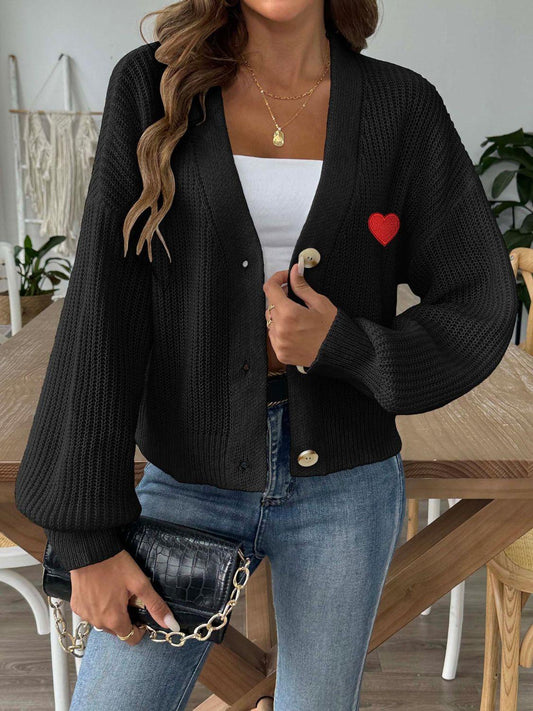 Heart Button Down V-Neck Long Sleeve Cardigan Carauana Store