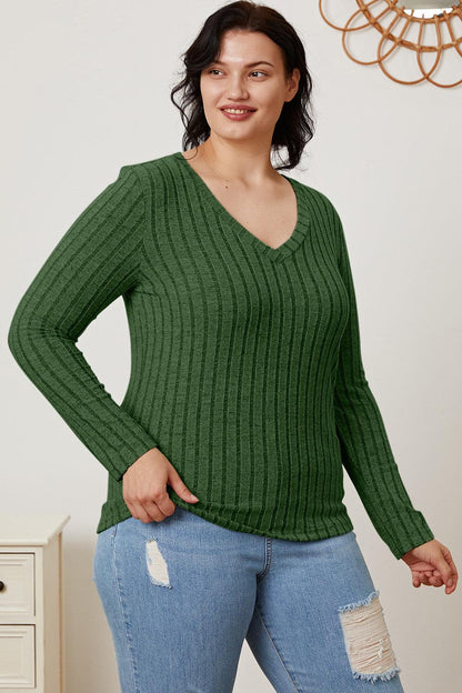 Basic Bae Full Size Ribbed V-Neck Long Sleeve T-Shirt Carauana Store