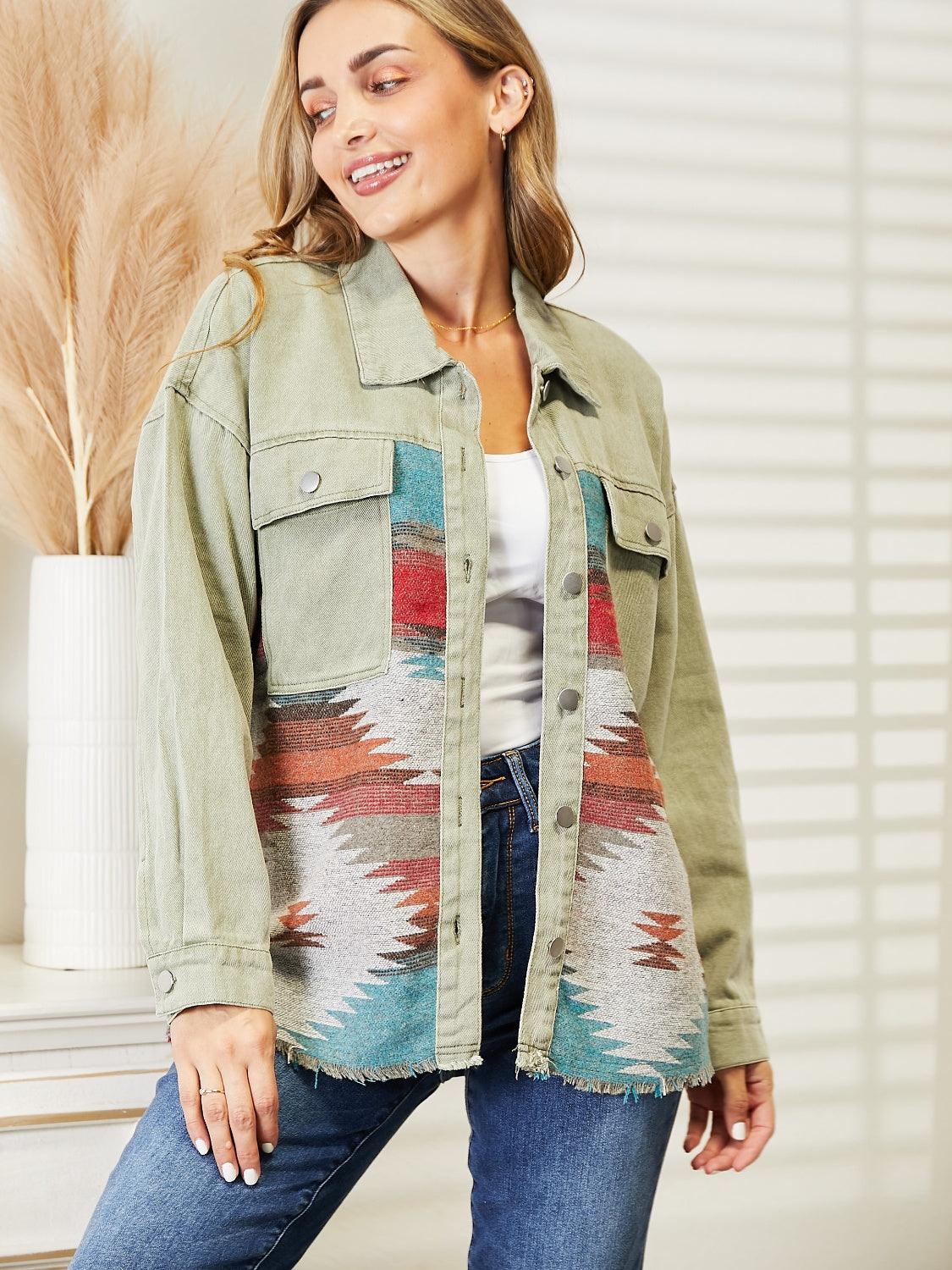 Dropped Shoulder Long Sleeve Printed Denim Jacket Carauana Store
