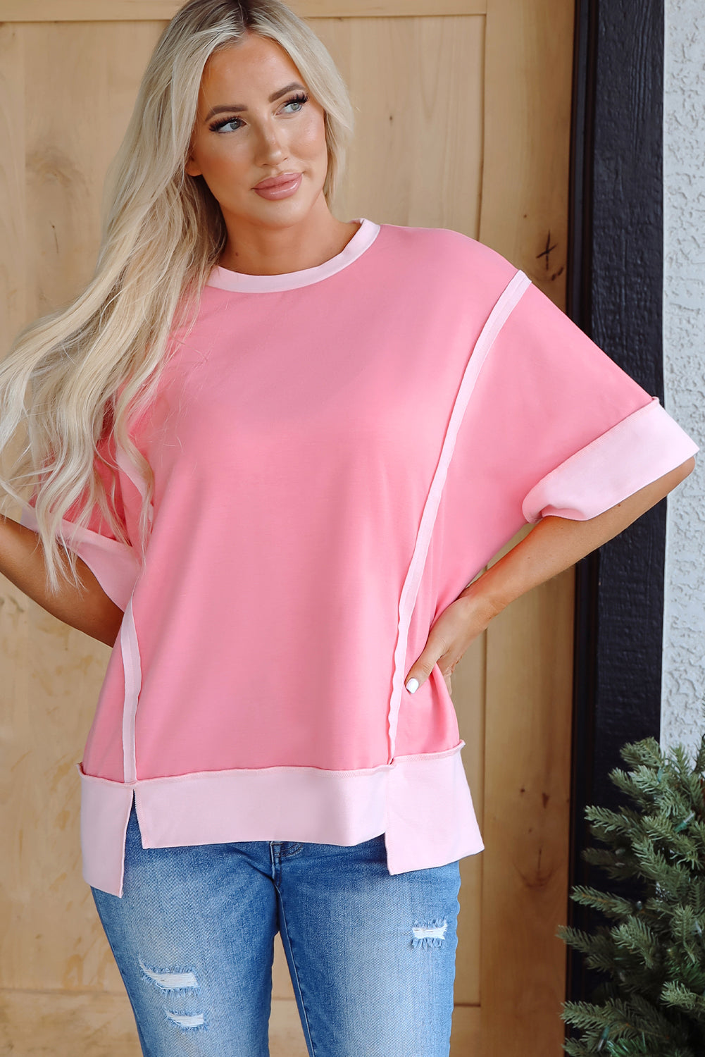 Peach Blossom Half Sleeve Raw Seam High Low Side Split Top