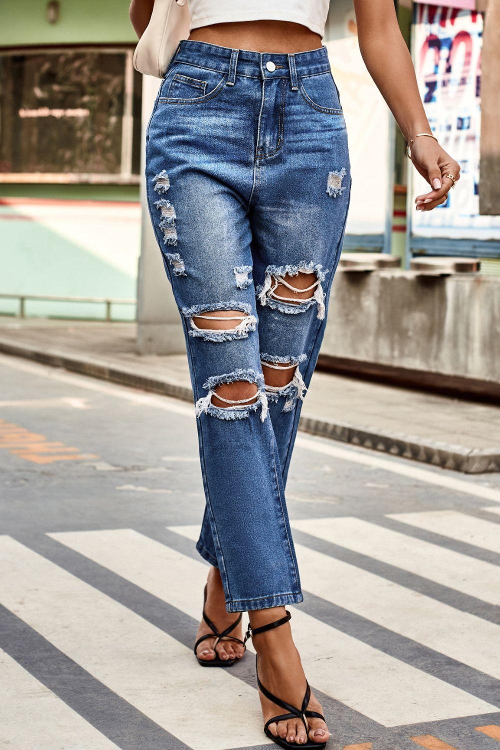 Distressed High Waist Straight Jeans Carauana Store