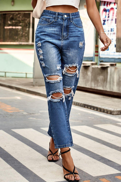 Distressed High Waist Straight Jeans Carauana Store