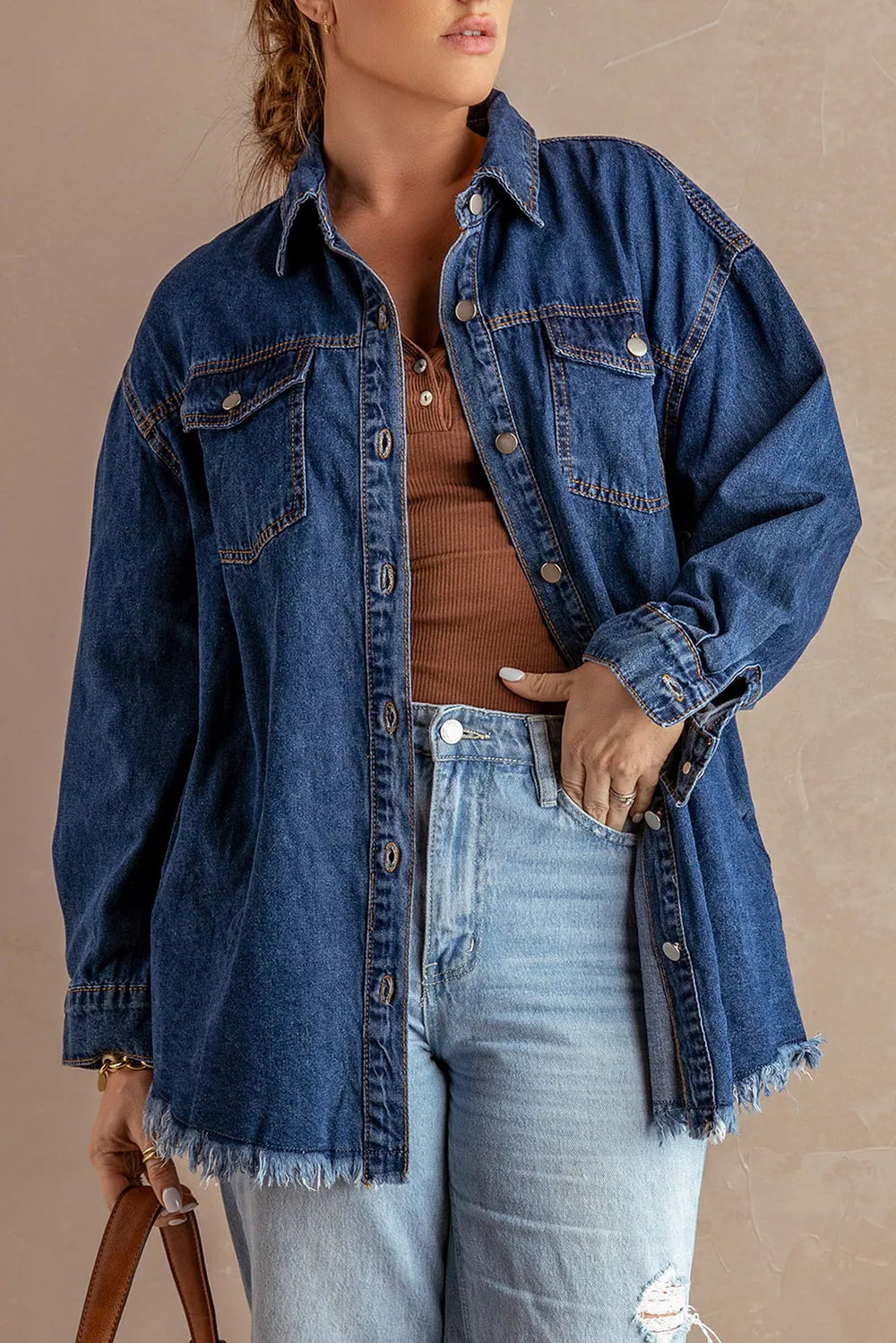 Button Up Pocketed Raw Hem Denim Jacket Carauana Store