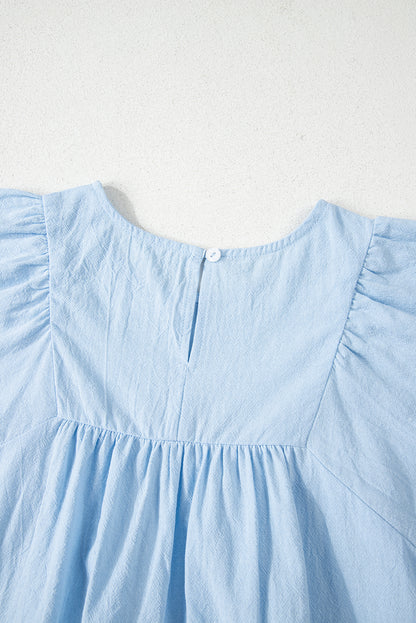 Beau Blue Solid Color Embroidered Scalloped Sleeves Crew Neck Blouse