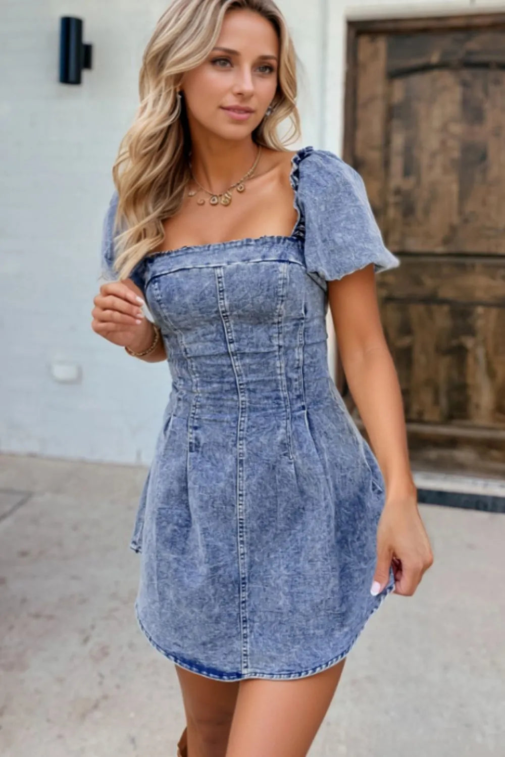 Tie Back Square Neck Puff Sleeve Denim Dress Carauana Store