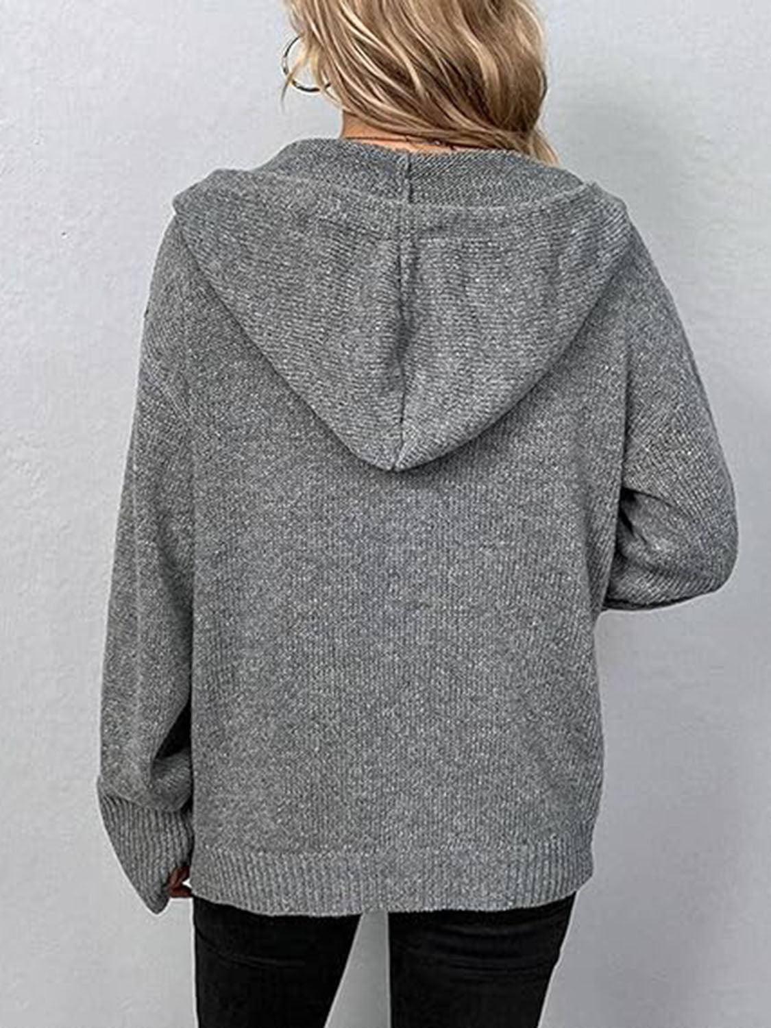 Button Up Drawstring Long Sleeve Hooded Cardigan Carauana Store