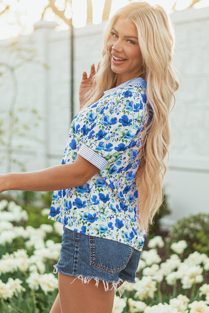Sky Blue Floral Print Striped Patchwork Collared Short Sleeve Blouse