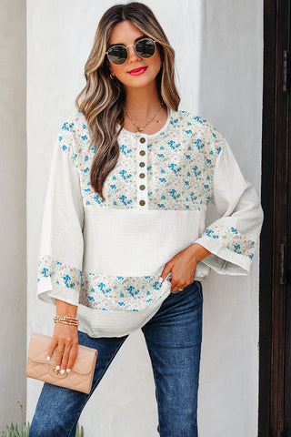 Sky Blue Floral Print Gauze Patchwork Henley Button 3/4 Sleeve Blouse