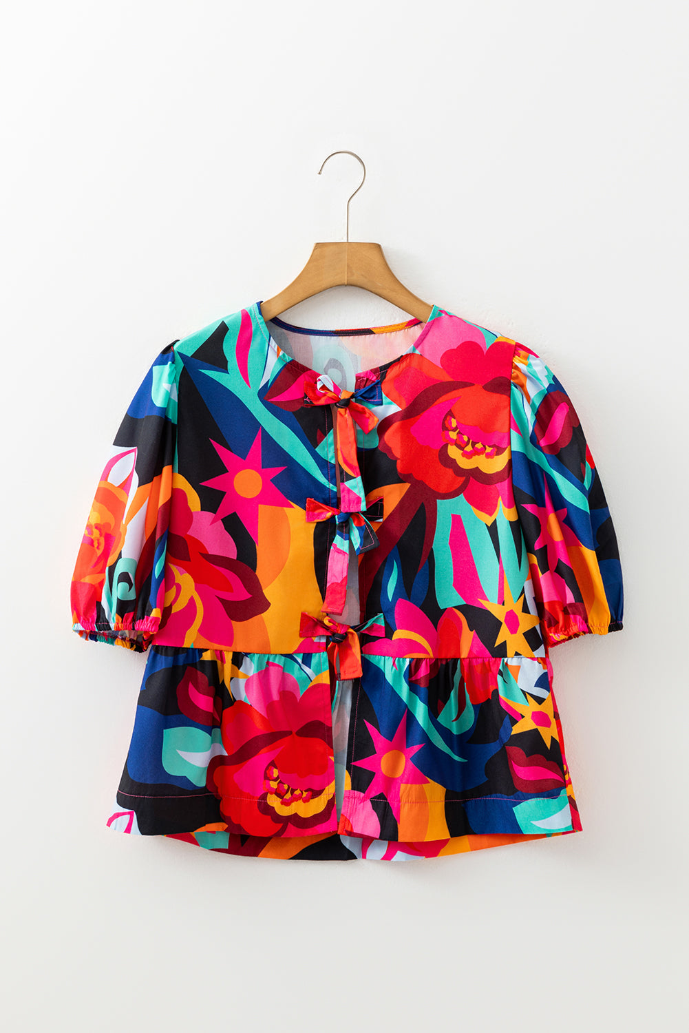 Red Abstract Floral Print Front Tied Puff Sleeve Babydoll Blouse