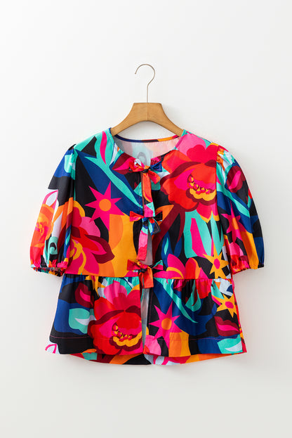 Red Abstract Floral Print Front Tied Puff Sleeve Babydoll Blouse