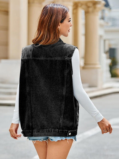 Pocketed Button Up Sleeveless Denim Jacket Carauana Store