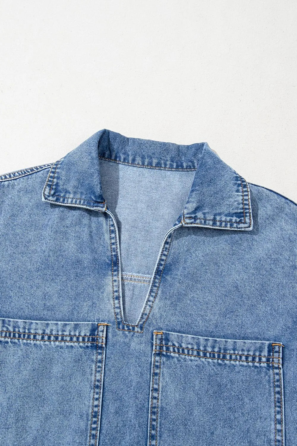 Short Sleeve Collared Patched Pocket Denim Mini Dress Carauana Store