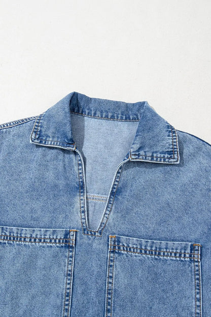 Short Sleeve Collared Patched Pocket Denim Mini Dress Carauana Store