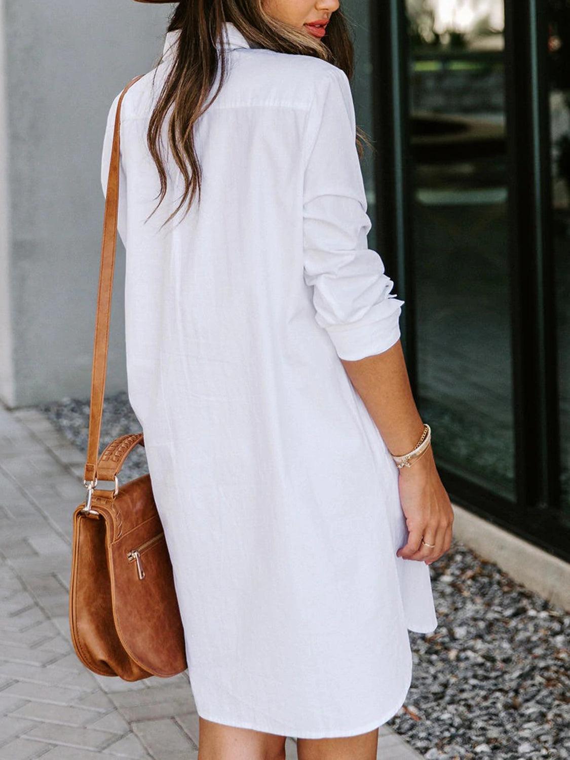 Button Up Collared Neck Long Sleeve Shirt Dress Carauana Store