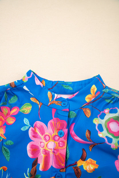 Blue Floral Short Puff Sleeve Button Up Shirt