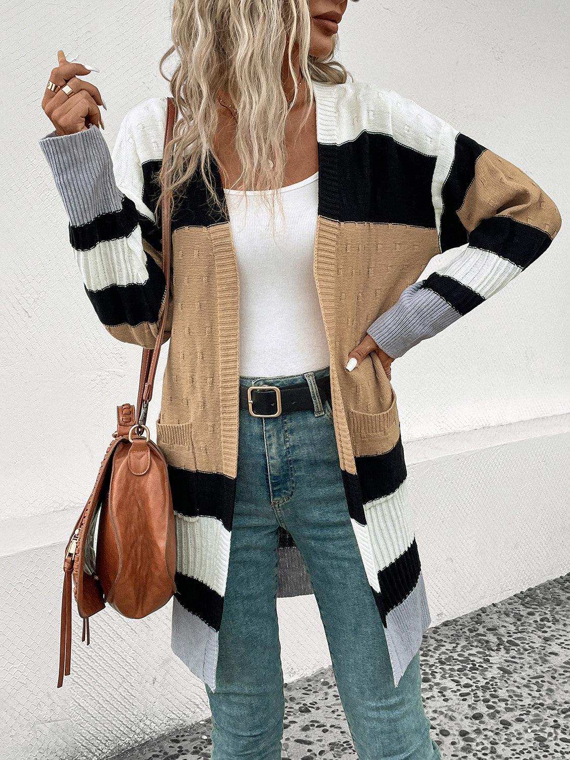 Perfee Color Block Open Front Drop Shoulder Cardigan Carauana Store